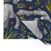 Baby Elephants and Egrets in Watercolor - navy blue, large print