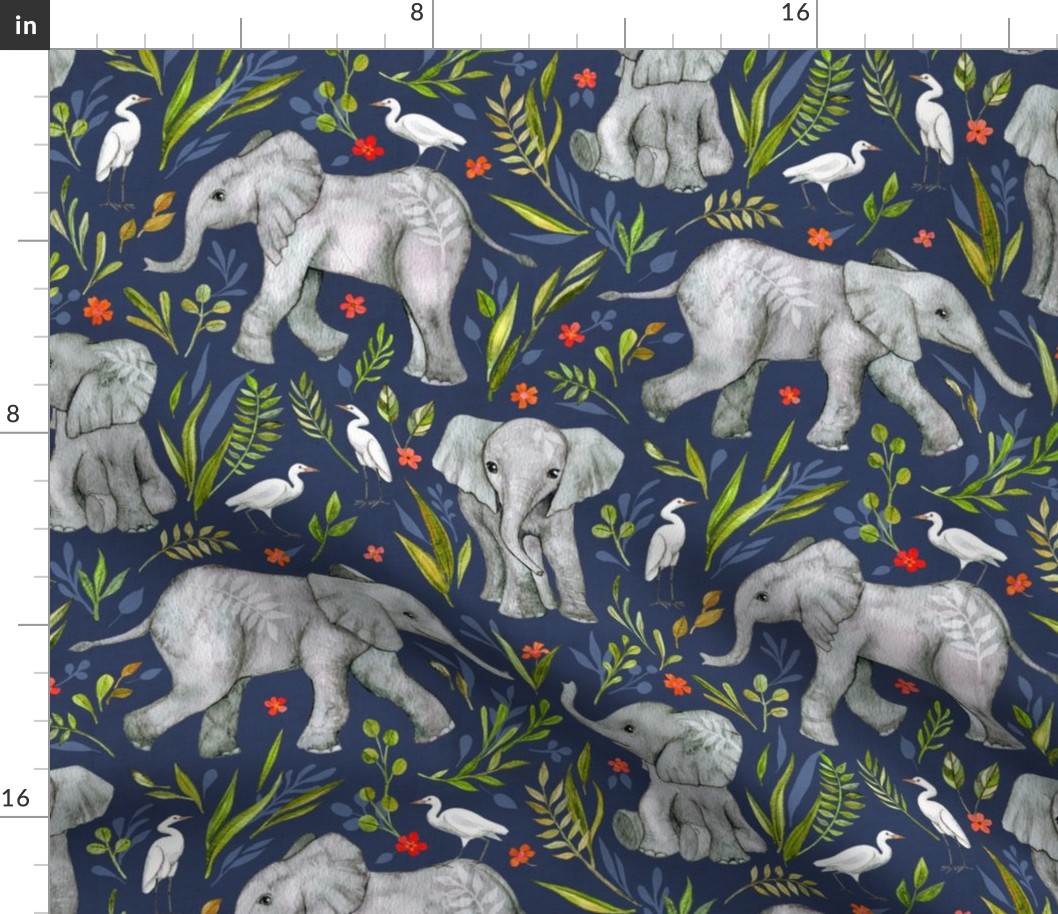 Baby Elephants and Egrets in Watercolor - navy blue, large print