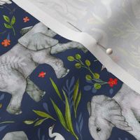 Baby Elephants and Egrets in Watercolor - navy blue, small print