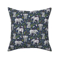 Baby Elephants and Egrets in Watercolor - navy blue, small print