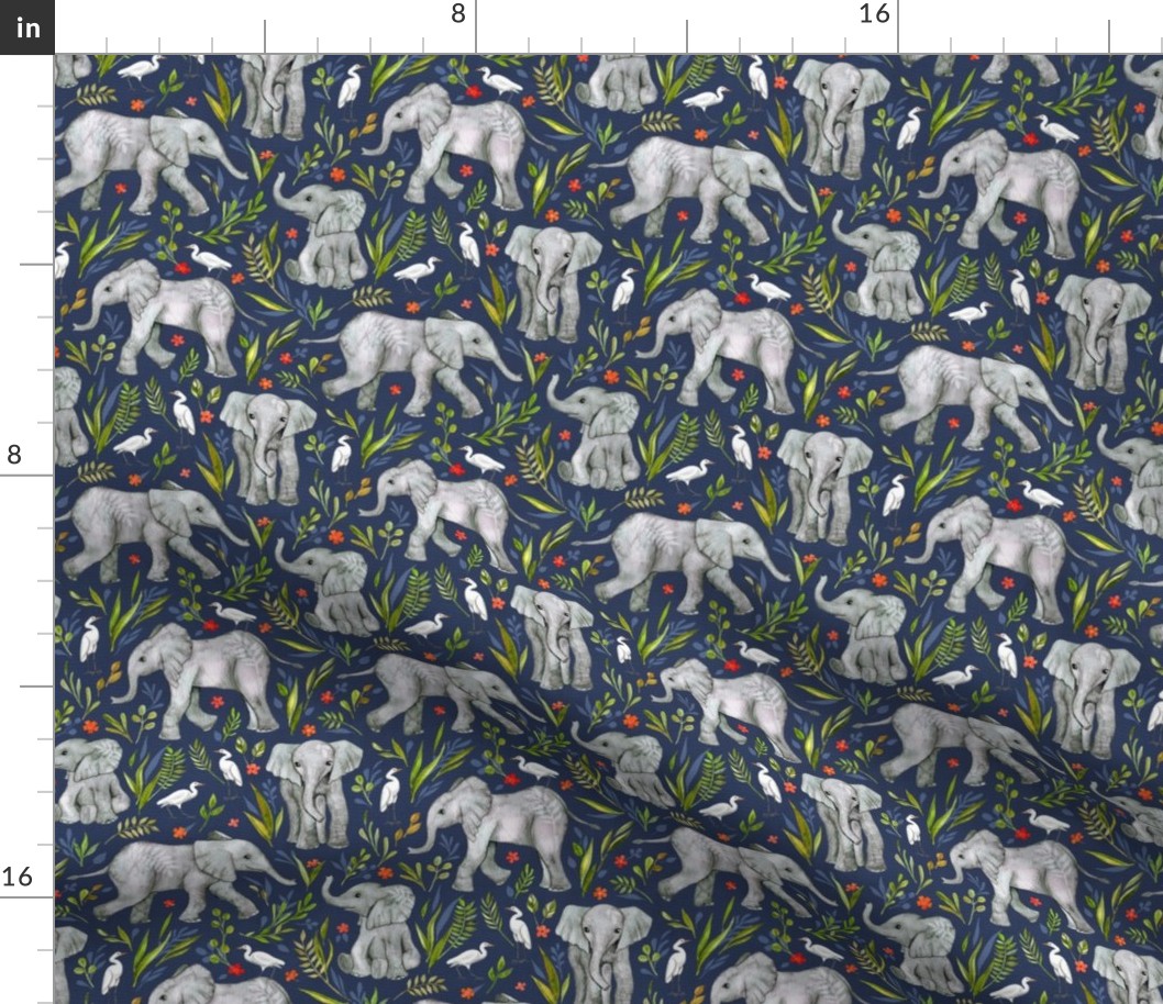 Baby Elephants and Egrets in Watercolor - navy blue, small print