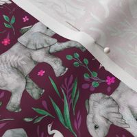 Baby Elephants and Egrets in Watercolor - burgundy, small print