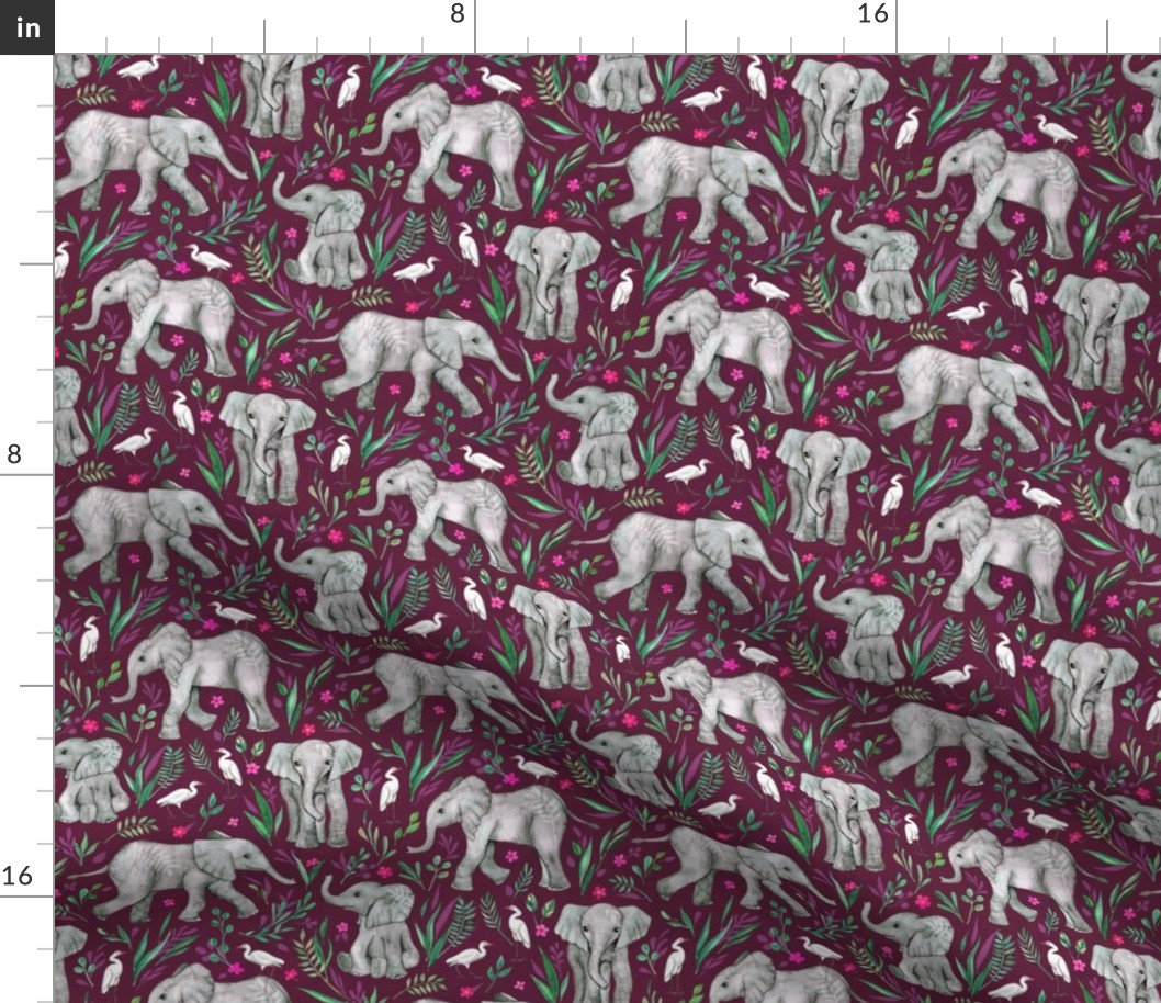 Baby Elephants and Egrets in Watercolor - burgundy, small print