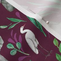 Baby Elephants and Egrets in Watercolor - burgundy, large print