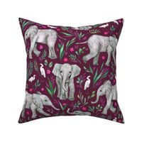Baby Elephants and Egrets in Watercolor - burgundy, large print