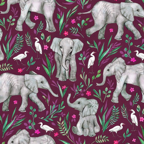 Baby Elephants and Egrets in Watercolor - burgundy, large print