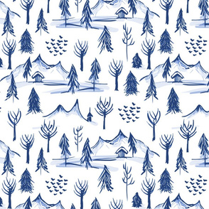 Scenes of Winter Toile  - delft blue