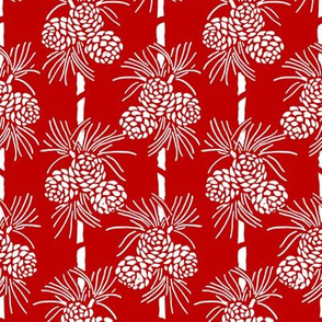 White Christmas Pine Cones on Dark Red: Holidays Red and White