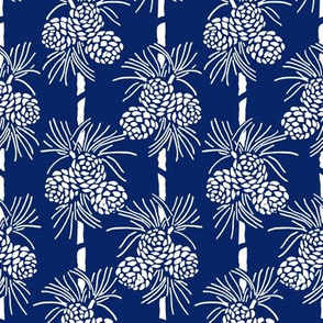 White Christmas Pine Cones on Deep Blue: Holidays Blue and White