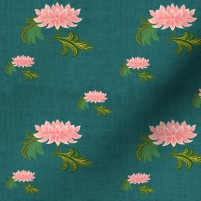 Lotus on dark green linen texture