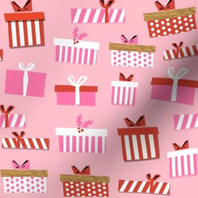 christmas presents fabric - christmas fabric, holiday fabric, xmas fabric, christmas design, red and green, christmas presents wrapping paper, christmas gift wrap - pink