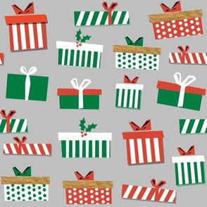 christmas presents fabric - christmas fabric, holiday fabric, xmas fabric, christmas design, red and green, christmas presents wrapping paper, christmas gift wrap - grey