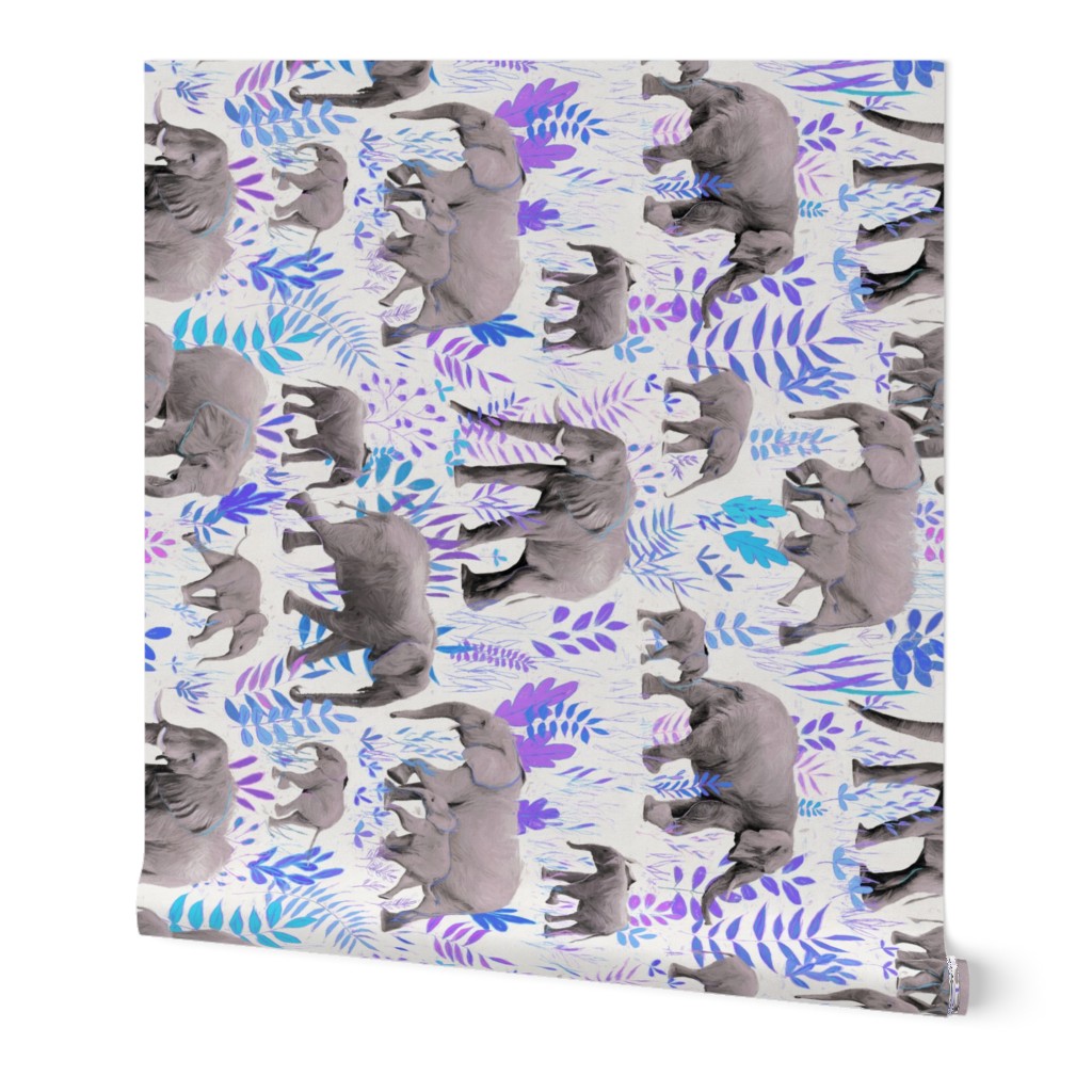 Sweet Elephants in Grey, Purple and Blue on Cream - rotated