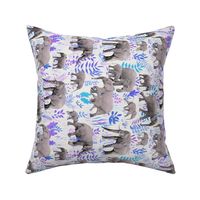 Sweet Elephants in Grey, Purple and Blue on Cream - rotated