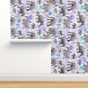 Sweet Elephants in Grey, Purple and Blue on Cream - rotated