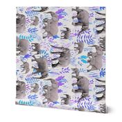 Sweet Elephants in Grey, Purple and Blue on Cream - rotated