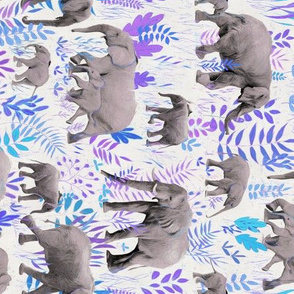 Sweet Elephants in Grey, Purple and Blue on Cream - rotated