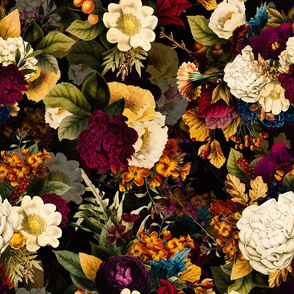Vintage Winter Romanticism: Maximalism Bold Moody Florals - Antiqued burgundy Roses and Nostalgic Gothic Mystic Night 13-1  Antique Botany Wallpaper and Victorian Goth Mystic inspired
