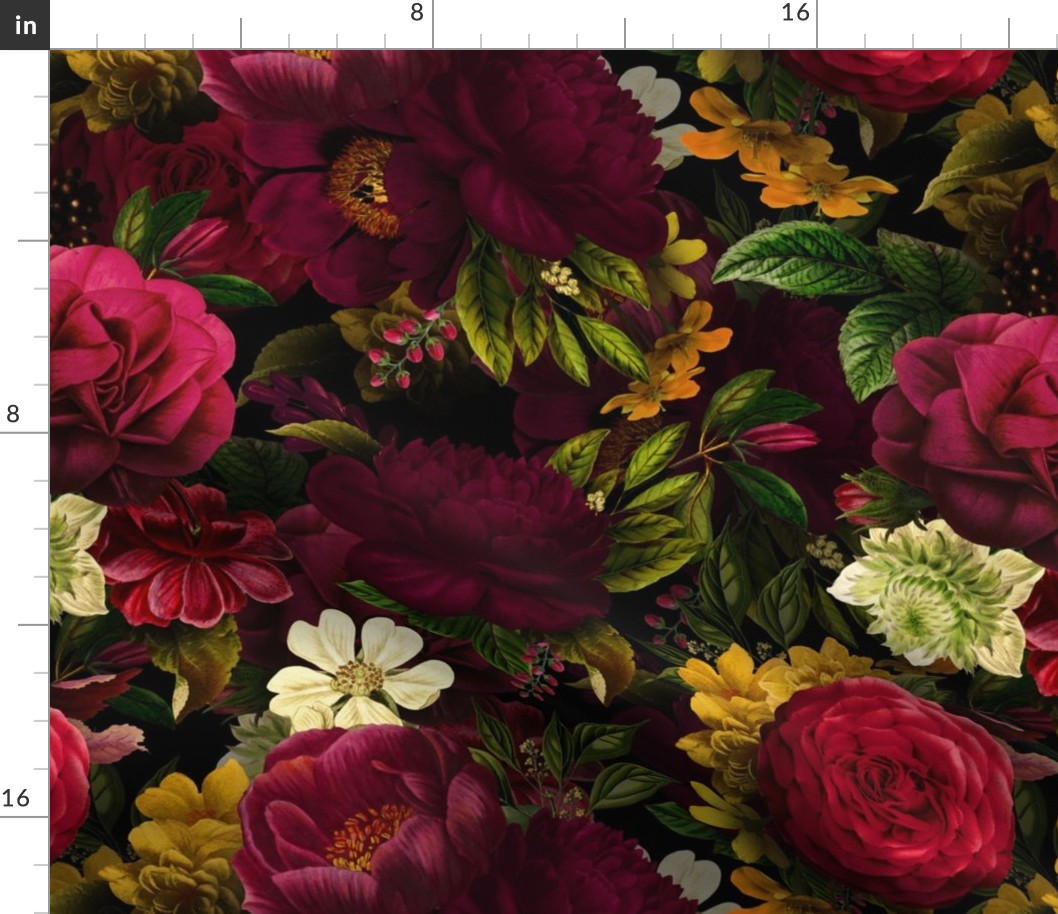 Vintage Summer Romanticism: Maximalism Bold Moody Florals - Antiqued burgundy Roses and Nostalgic Gothic Mystic Night 7-  Antique Botany Wallpaper and Victorian Goth Mystic inspired