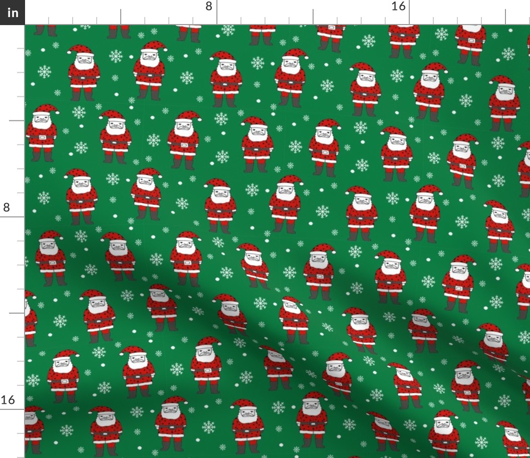 christmas fabric - santa claus fabric, christmas fabric by the yard, holiday fabric, snowflakes fabric, snowflakes, hand-drawn illustration, cute christmas fabric, cute christmas - green