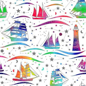 Sailing Ships - white b& rainbow