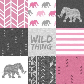 Wild Thing Elephant Quilt - raspberry and grey.