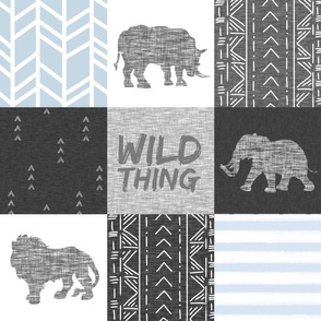 Wild Thing Safari Quilt - baby blue and grey - lions, elephants, rhinos
