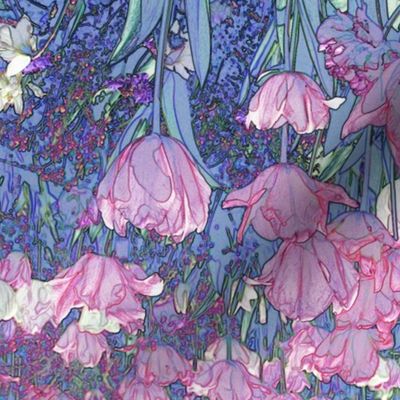 Victorian Bohemian Tulips in Cool Pink and Blues