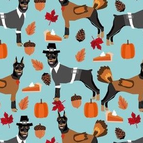 thanksgiving doberman fabric - doberman fabric, doodle dog fabric, thanksgiving fabric, cute dog fabric, dog breeds fabric, - blue