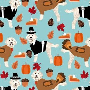 thanksgiving golden doodle fabric - golden doodle fabric, doodle dog fabric, thanksgiving fabric, cute dog fabric, dog breeds fabric, - blue