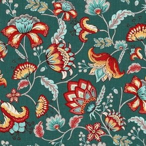 Red Indian Floral in Dark Teal RS