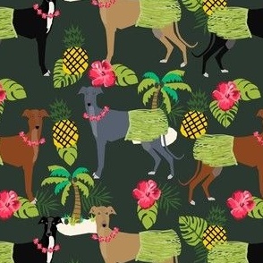 tiki hula dancer greyhound fabric - dog, dog fabric, greyhound fabric, dog breeds fabric, tropical palm tree fabrics, cute dog design - dark green