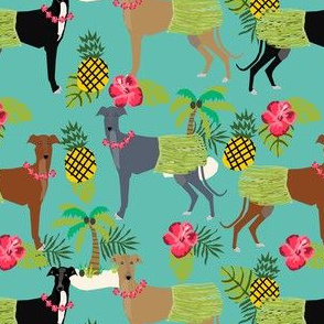 tiki hula dancer greyhound fabric - dog, dog fabric, greyhound fabric, dog breeds fabric, tropical palm tree fabrics, cute dog design - turquoise