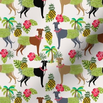 tiki hula dancer greyhound fabric - dog, dog fabric, greyhound fabric, dog breeds fabric, tropical palm tree fabrics, cute dog design - light