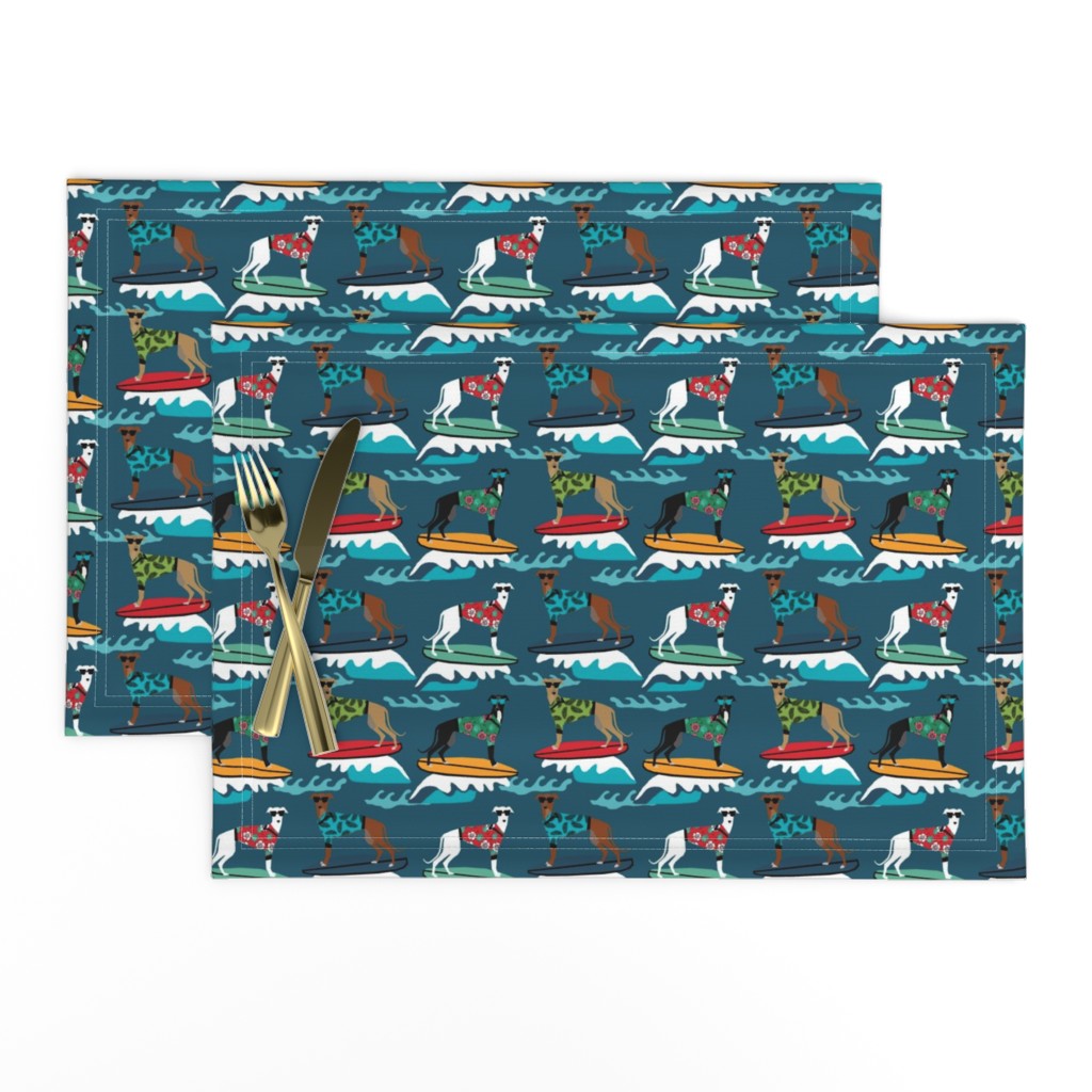 surfing dog greyhound fabric - surfing dog, surfing fabric, dog fabric, greyhound fabric, greyhounds fabric, hawaiian shirt fabric, cute hawaii shirt dogs - dark blue