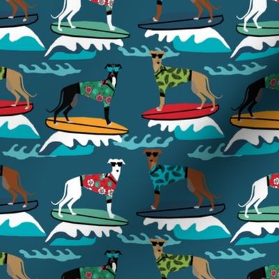 surfing dog greyhound fabric - surfing dog, surfing fabric, dog fabric, greyhound fabric, greyhounds fabric, hawaiian shirt fabric, cute hawaii shirt dogs - dark blue