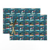 surfing dog greyhound fabric - surfing dog, surfing fabric, dog fabric, greyhound fabric, greyhounds fabric, hawaiian shirt fabric, cute hawaii shirt dogs - dark blue