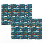 surfing dog greyhound fabric - surfing dog, surfing fabric, dog fabric, greyhound fabric, greyhounds fabric, hawaiian shirt fabric, cute hawaii shirt dogs - dark blue