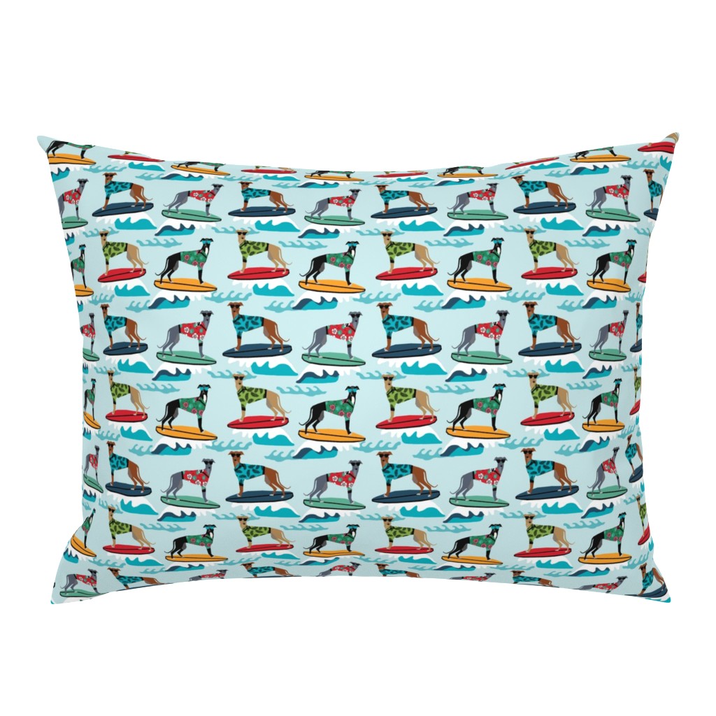 surfing dog greyhound fabric - surfing dog, surfing fabric, dog fabric, greyhound fabric, greyhounds fabric, hawaiian shirt fabric, cute hawaii shirt dogs - blue