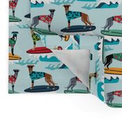 surfing dog greyhound fabric - surfing dog, surfing fabric, dog fabric, greyhound fabric, greyhounds fabric, hawaiian shirt fabric, cute hawaii shirt dogs - blue