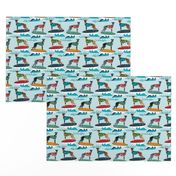 surfing dog greyhound fabric - surfing dog, surfing fabric, dog fabric, greyhound fabric, greyhounds fabric, hawaiian shirt fabric, cute hawaii shirt dogs - blue