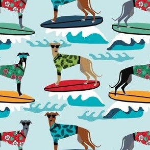 surfing dog greyhound fabric - surfing dog, surfing fabric, dog fabric, greyhound fabric, greyhounds fabric, hawaiian shirt fabric, cute hawaii shirt dogs - blue