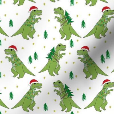 christmas fabric - dinosaur christmas fabric, tree rex, t-rex christmas, funny christmas fabric, funny christmas gift wrap, christmas wrapping paper - white