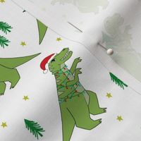 christmas fabric - dinosaur christmas fabric, tree rex, t-rex christmas, funny christmas fabric, funny christmas gift wrap, christmas wrapping paper - white