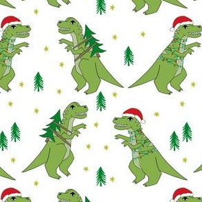 christmas fabric - dinosaur christmas fabric, tree rex, t-rex christmas, funny christmas fabric, funny christmas gift wrap, christmas wrapping paper - white