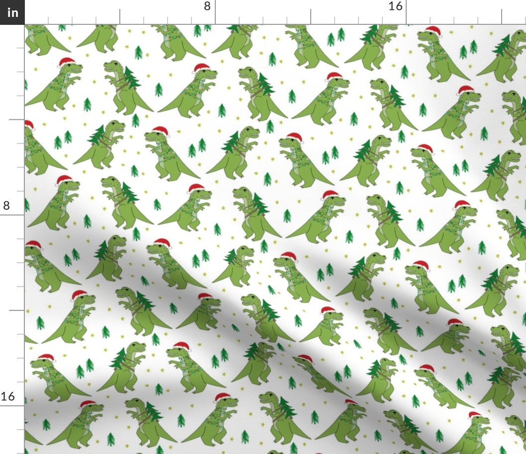 christmas fabric - dinosaur christmas fabric, tree rex, t-rex christmas, funny christmas fabric, funny christmas gift wrap, christmas wrapping paper - white