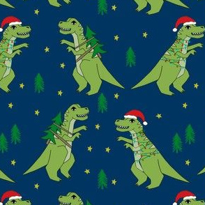 christmas fabric - dinosaur christmas fabric, tree rex, t-rex christmas, funny christmas fabric, funny christmas gift wrap, christmas wrapping paper - navy