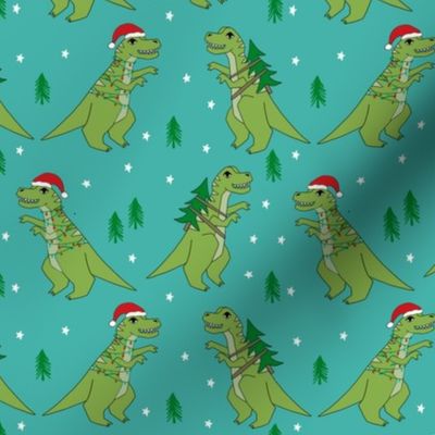 christmas fabric - dinosaur christmas fabric, tree rex, t-rex christmas, funny christmas fabric, funny christmas gift wrap, christmas wrapping paper - turquoise