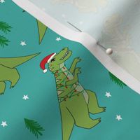 christmas fabric - dinosaur christmas fabric, tree rex, t-rex christmas, funny christmas fabric, funny christmas gift wrap, christmas wrapping paper - turquoise
