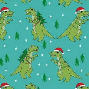 christmas fabric - dinosaur christmas fabric, tree rex, t-rex christmas, funny christmas fabric, funny christmas gift wrap, christmas wrapping paper - turquoise